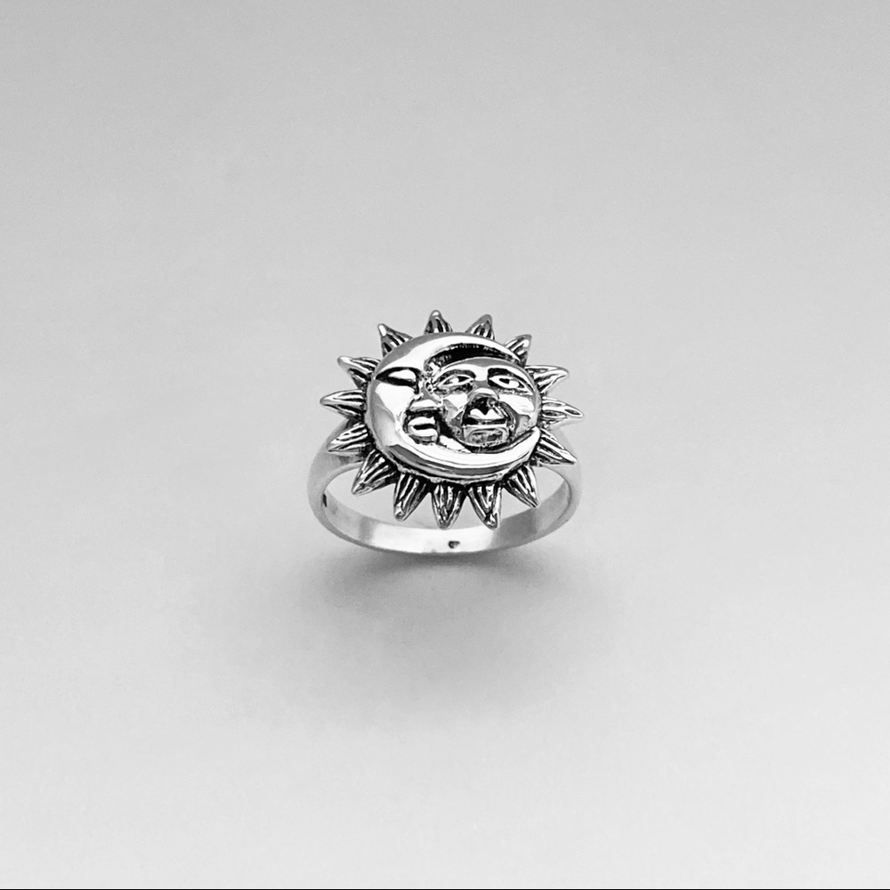 Sterling Silver Large Moon and Sun Ring, Sunshine Faces, Celestial Rings, Sky